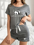 Women's Cute Panda Print Gray Pajama Set - Short Sleeve Top & Shorts with Bow Detail
