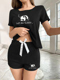 Cute Panda Black Pajama Set Women - Bow Detail Short Sleeve Summer Sleepwear