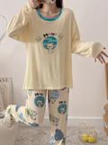 Autumn and Winter Cute Cat Pattern Pajama Set, Women's Long Sleeve Casual Loungewear Outfit