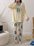 Autumn and Winter Cute Cat Pattern Pajama Set, Women's Long Sleeve Casual Loungewear Outfit
