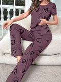 Women's Purple Love Print Pajama Set - Short Sleeve Top Long Pants