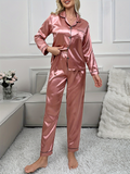 Collar Solid Color Long Sleeve Long Pants Pajama Set Home Wear Set