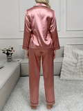 Collar Solid Color Long Sleeve Long Pants Pajama Set Home Wear Set