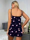 Women's Heart Print Pajama Set - Spaghetti Strap Top & Shorts Sleepwear