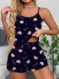 Women's Heart Print Pajama Set - Spaghetti Strap Top & Shorts Sleepwear