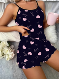 Women's Heart Print Pajama Set - Spaghetti Strap Top & Shorts Sleepwear