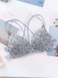 Seamless Butterfly Sky blue Bra with white flowers - Women's Lace Push-Up Support