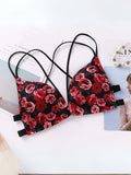 Women's Butterfly Pattern Black Bra with Red flowers - Lace Tank Top with Push-Up