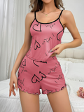 Valentine's Day English Love Print Spring/Autumn Wearable Women's Casual Off-Shoulder Hanging Short Top and Home Braided Shorts Two-Piece Set