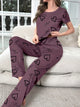 Women's Purple Love Print Pajama Set - Short Sleeve Top Long Pants