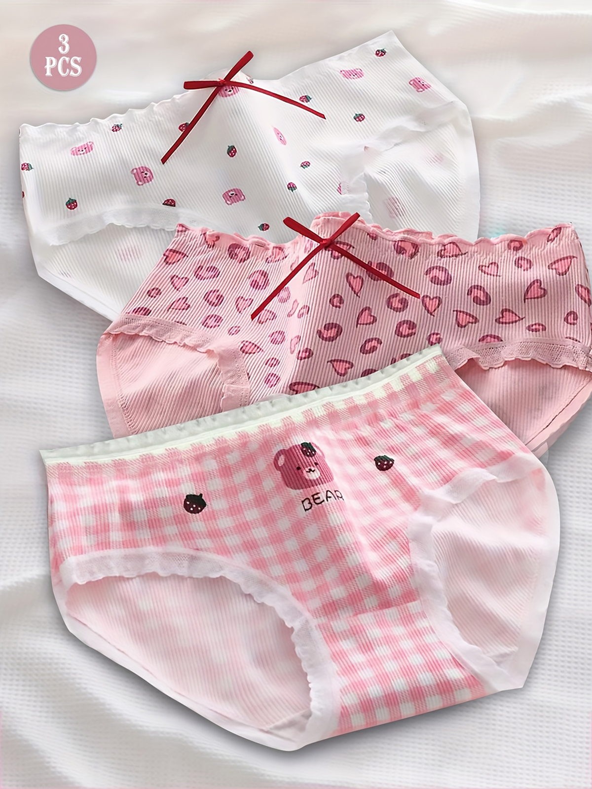 Women's Pink Bear Print Underwear Set 3pcs - Breathable Seamless Triangle Cut