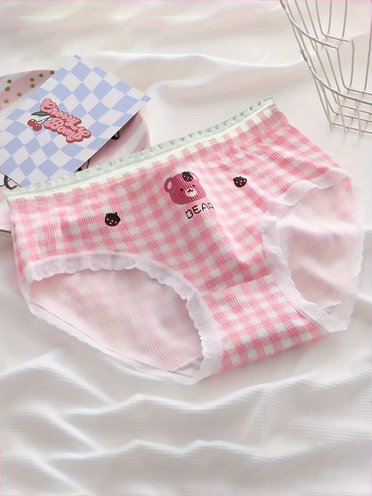 Women's Pink Bear Print Underwear Set 3pcs - Breathable Seamless Triangle Cut