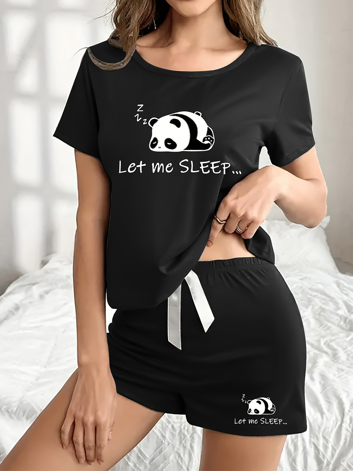 Cute Panda Black Pajama Set Women - Bow Detail Short Sleeve Summer Sleepwear
