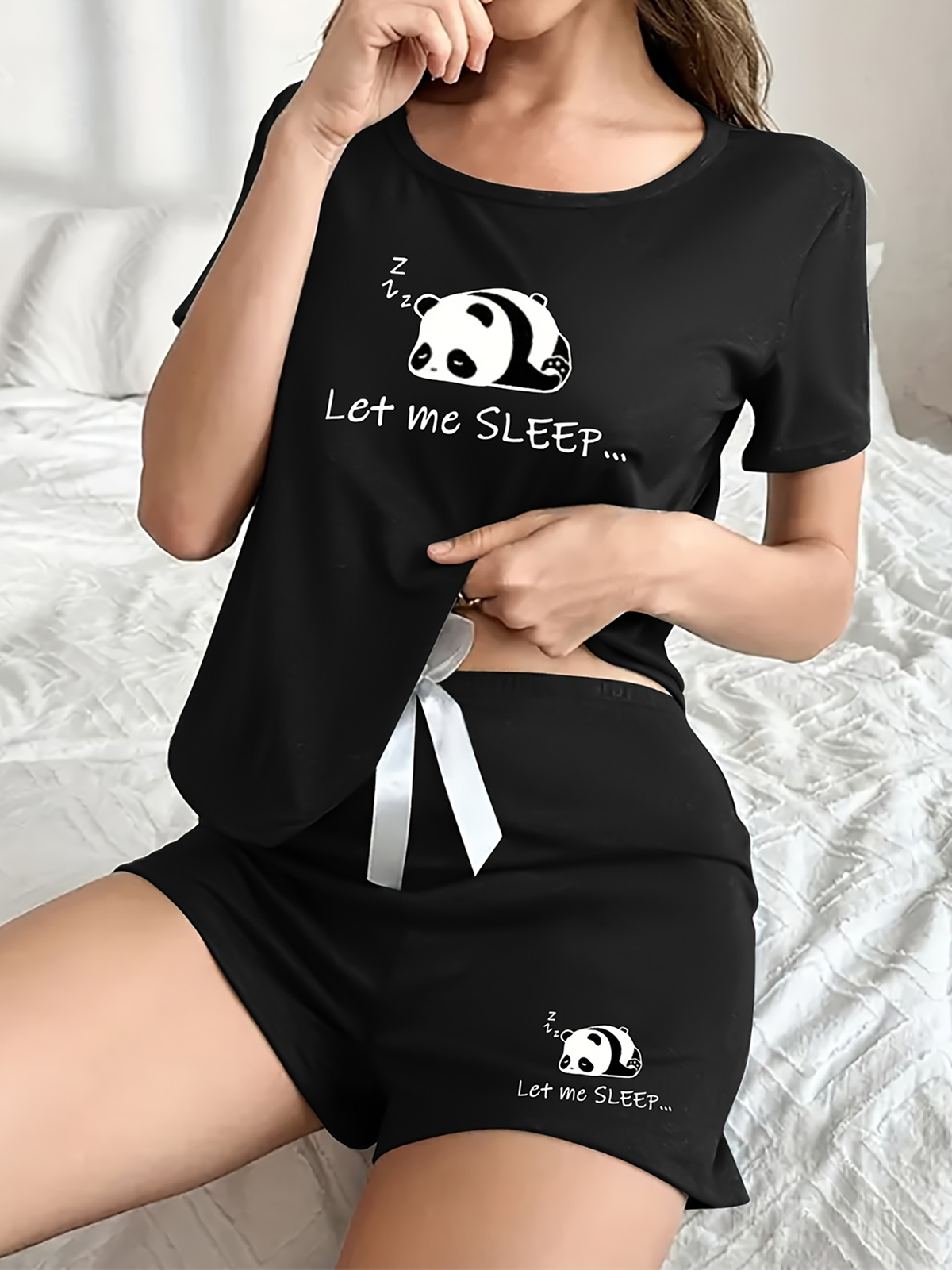 Cute Panda Black Pajama Set Women - Bow Detail Short Sleeve Summer Sleepwear