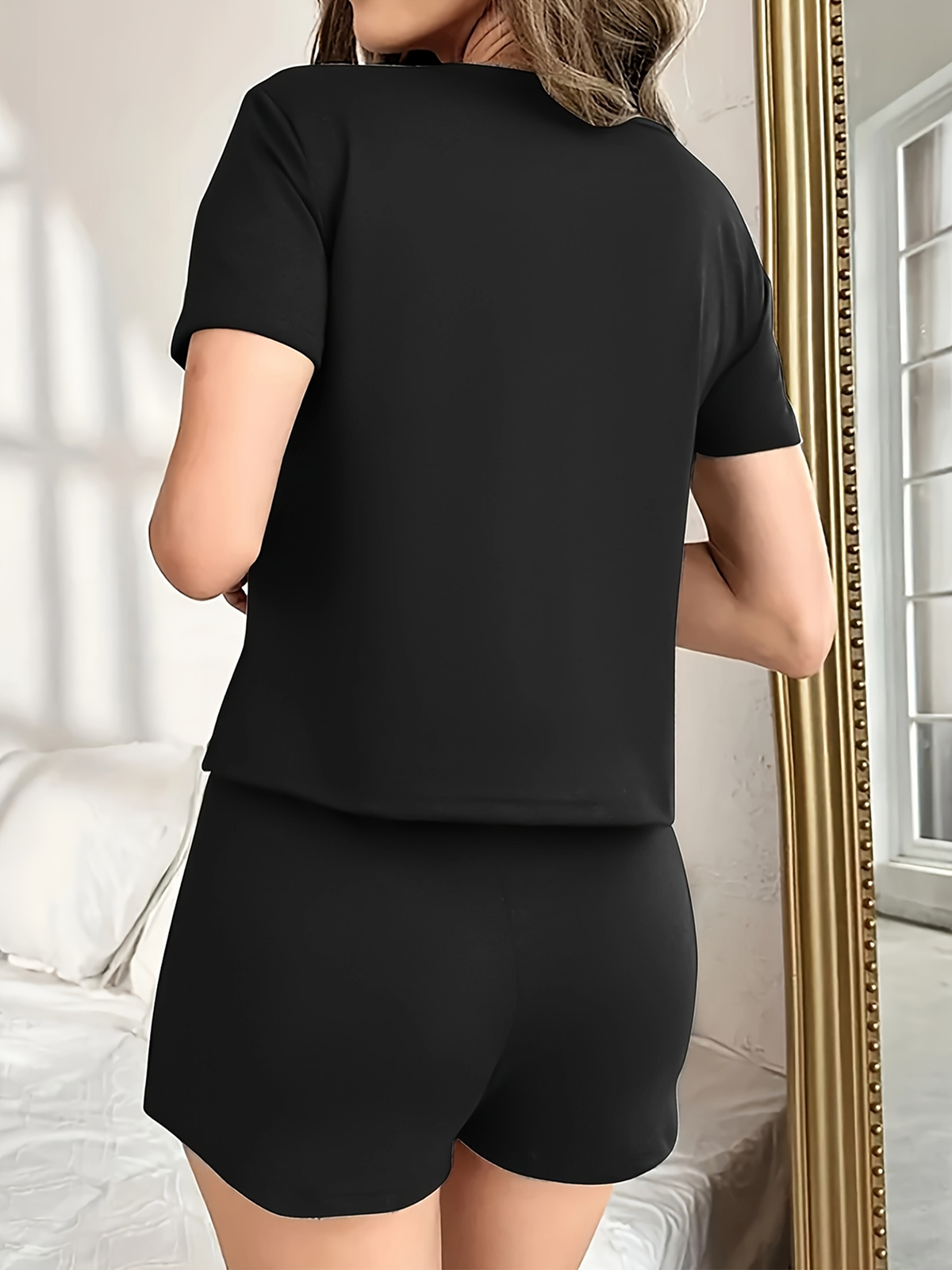 Cute Panda Black Pajama Set Women - Bow Detail Short Sleeve Summer Sleepwear