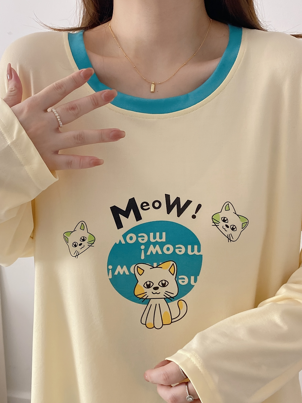 Autumn and Winter Cute Cat Pattern Pajama Set, Women's Long Sleeve Casual Loungewear Outfit