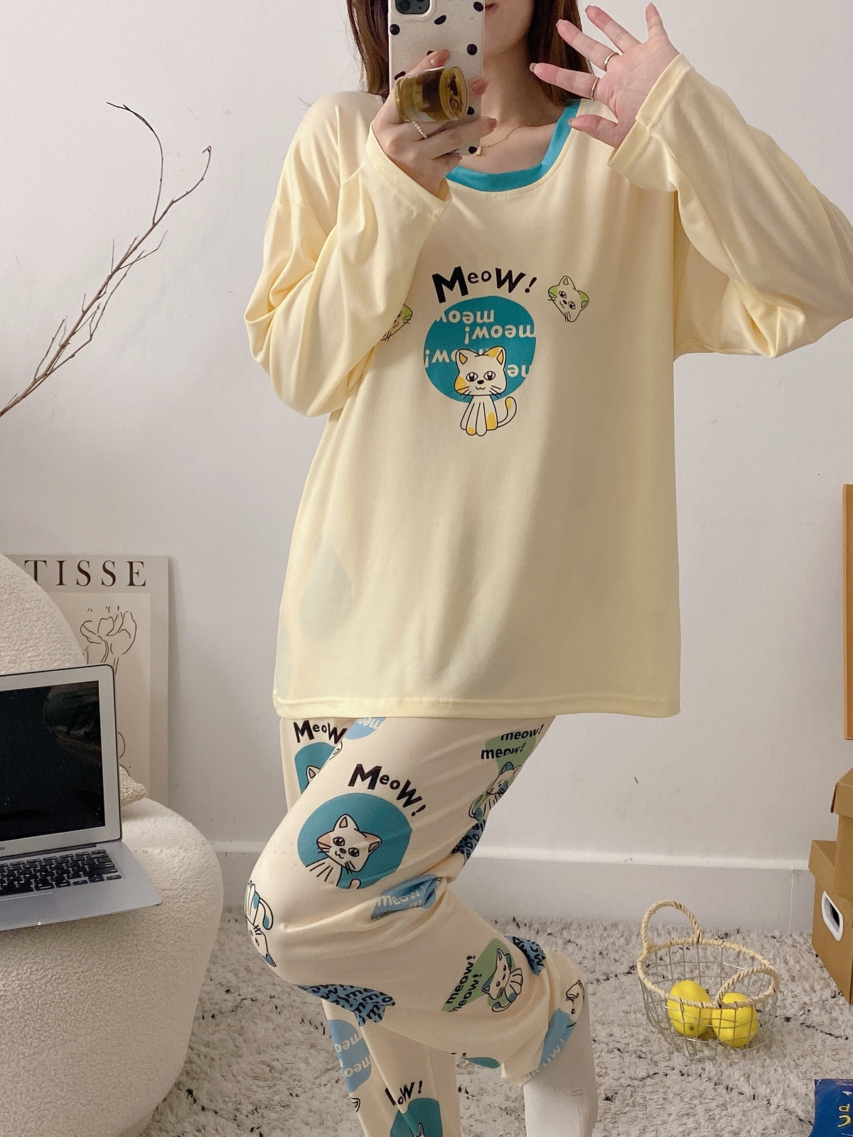 Autumn and Winter Cute Cat Pattern Pajama Set, Women's Long Sleeve Casual Loungewear Outfit