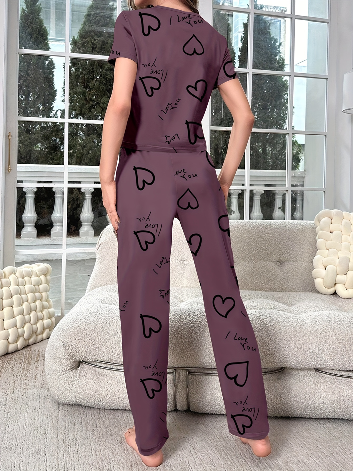 Women's Purple Love Print Pajama Set - Short Sleeve Top Long Pants