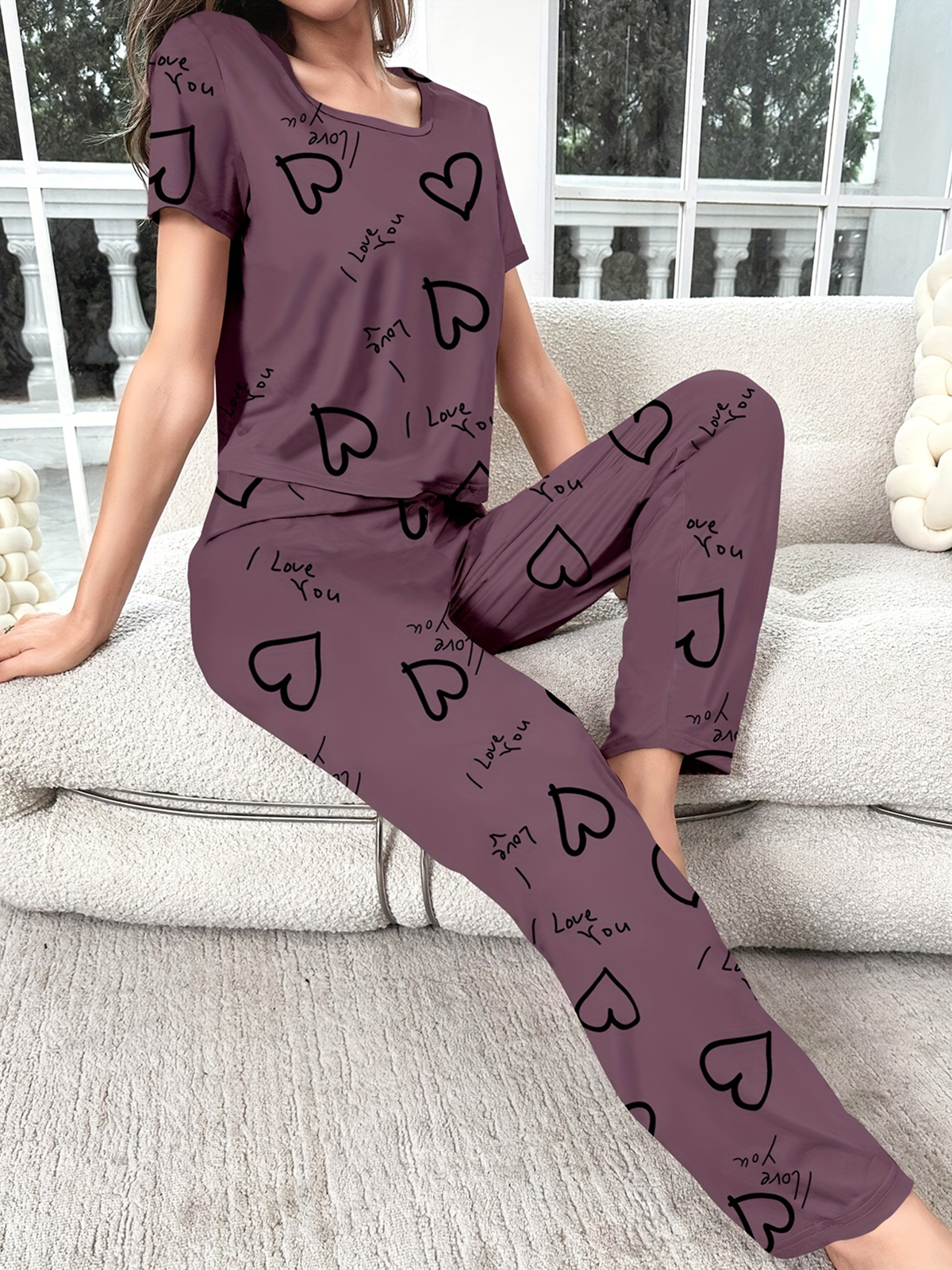 Women's Purple Love Print Pajama Set - Short Sleeve Top Long Pants