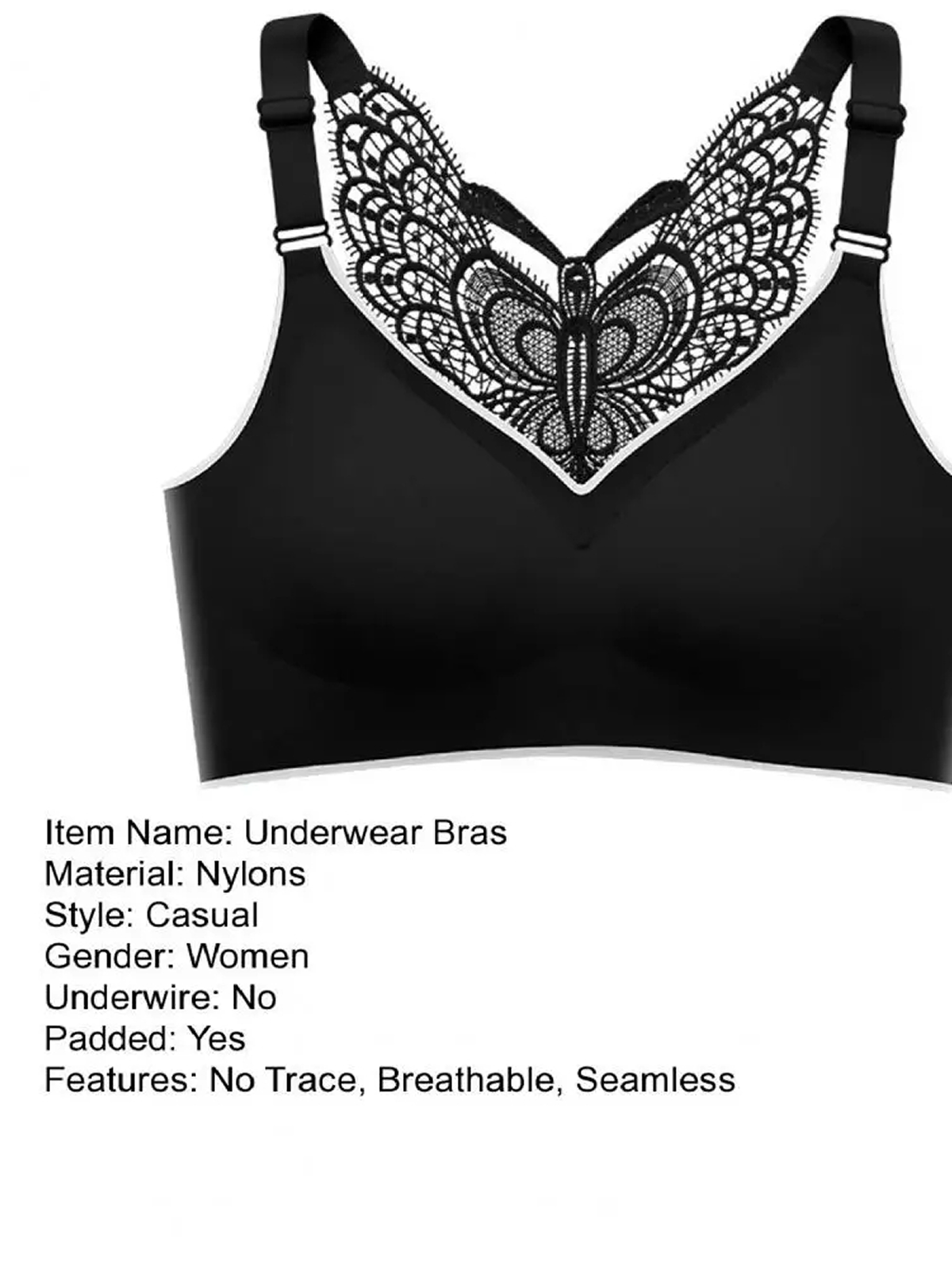 Women's Butterfly Lace Black Bra - Seamless Push-Up Tank Top