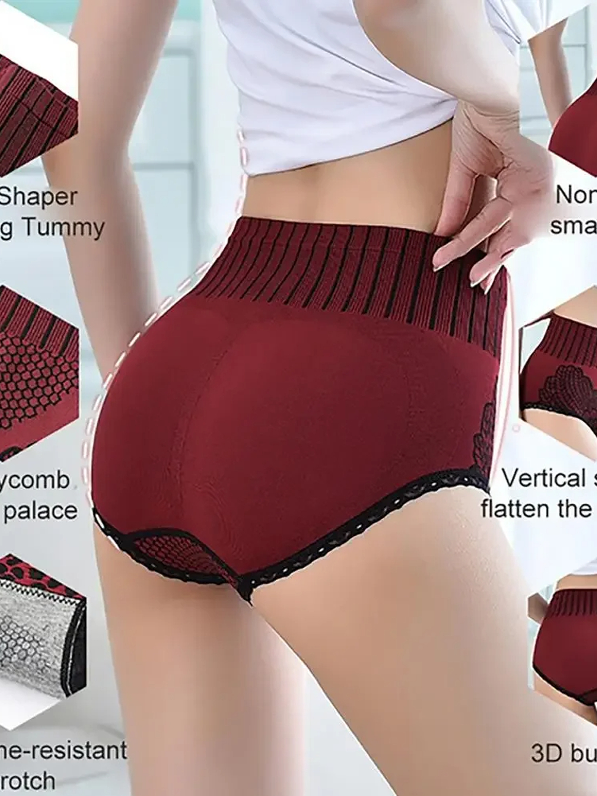Women's Wine Red Seamless High Waist Panties - Hip Lift Body Shaper Brief