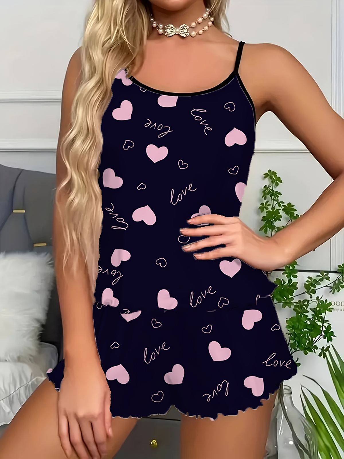 Women's Heart Print Pajama Set - Spaghetti Strap Top & Shorts Sleepwear
