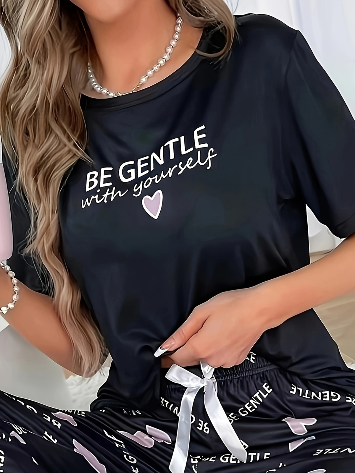 Women's Heart Print Loungewear T-Shirt - Soft Short Sleeve Sleepwear Top