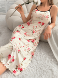 Women'S Floral Night Dress, Beige with Red Flowers, Casual Spaghetti Strap Knit Polyester Nightgown, All Season Comfort, 95% Polyester 5% Elastane, 145 gsm Fabric Weight