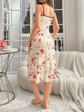 Women'S Floral Night Dress, Beige with Red Flowers, Casual Spaghetti Strap Knit Polyester Nightgown, All Season Comfort, 95% Polyester 5% Elastane, 145 gsm Fabric Weight