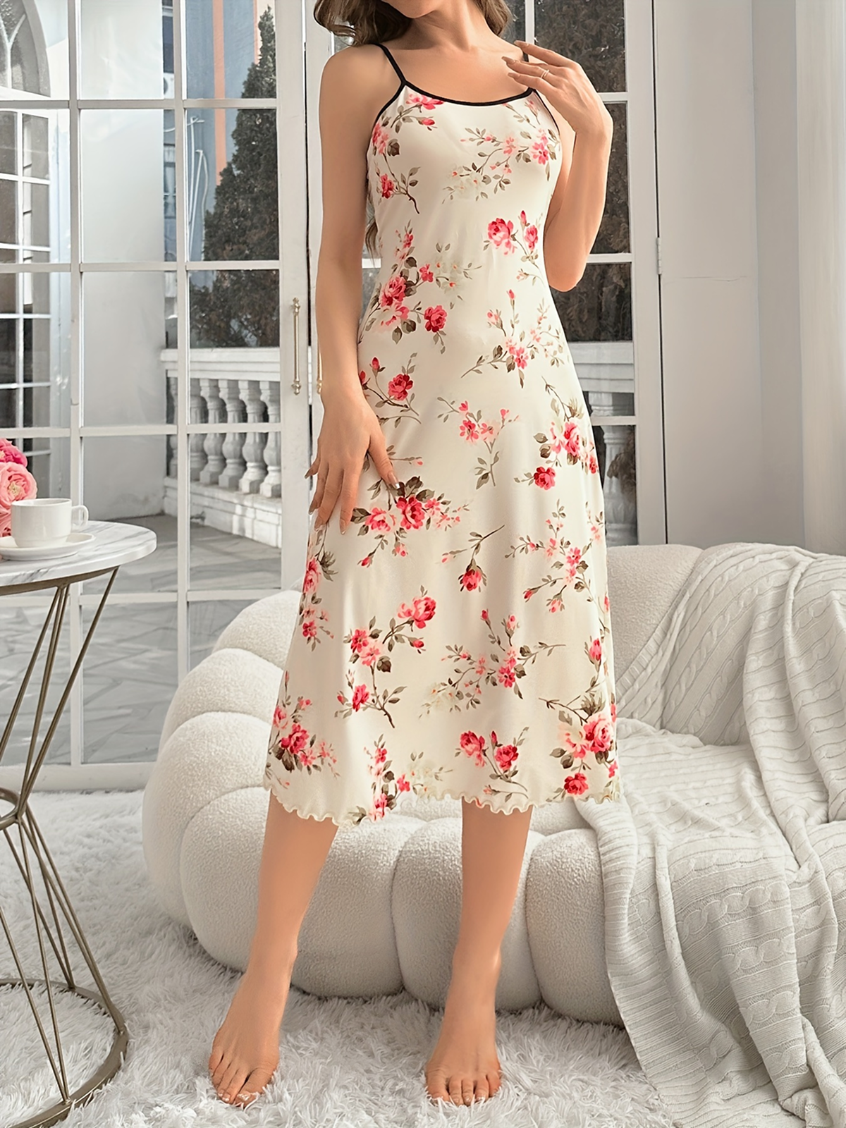 Women'S Floral Night Dress, Beige with Red Flowers, Casual Spaghetti Strap Knit Polyester Nightgown, All Season Comfort, 95% Polyester 5% Elastane, 145 gsm Fabric Weight