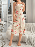 Women'S Floral Night Dress, Beige with Red Flowers, Casual Spaghetti Strap Knit Polyester Nightgown, All Season Comfort, 95% Polyester 5% Elastane, 145 gsm Fabric Weight