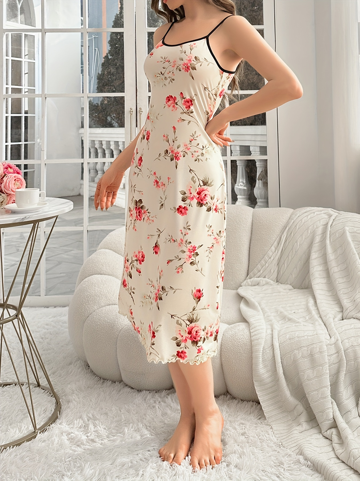 Women'S Floral Night Dress, Beige with Red Flowers, Casual Spaghetti Strap Knit Polyester Nightgown, All Season Comfort, 95% Polyester 5% Elastane, 145 gsm Fabric Weight