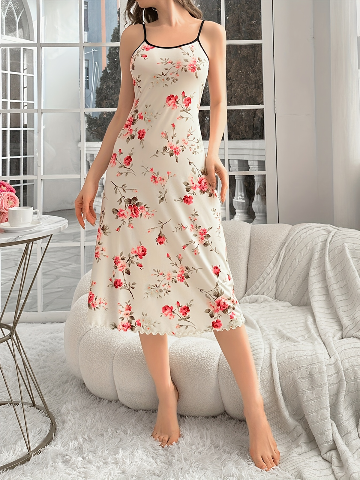 Women'S Floral Night Dress, Beige with Red Flowers, Casual Spaghetti Strap Knit Polyester Nightgown, All Season Comfort, 95% Polyester 5% Elastane, 145 gsm Fabric Weight