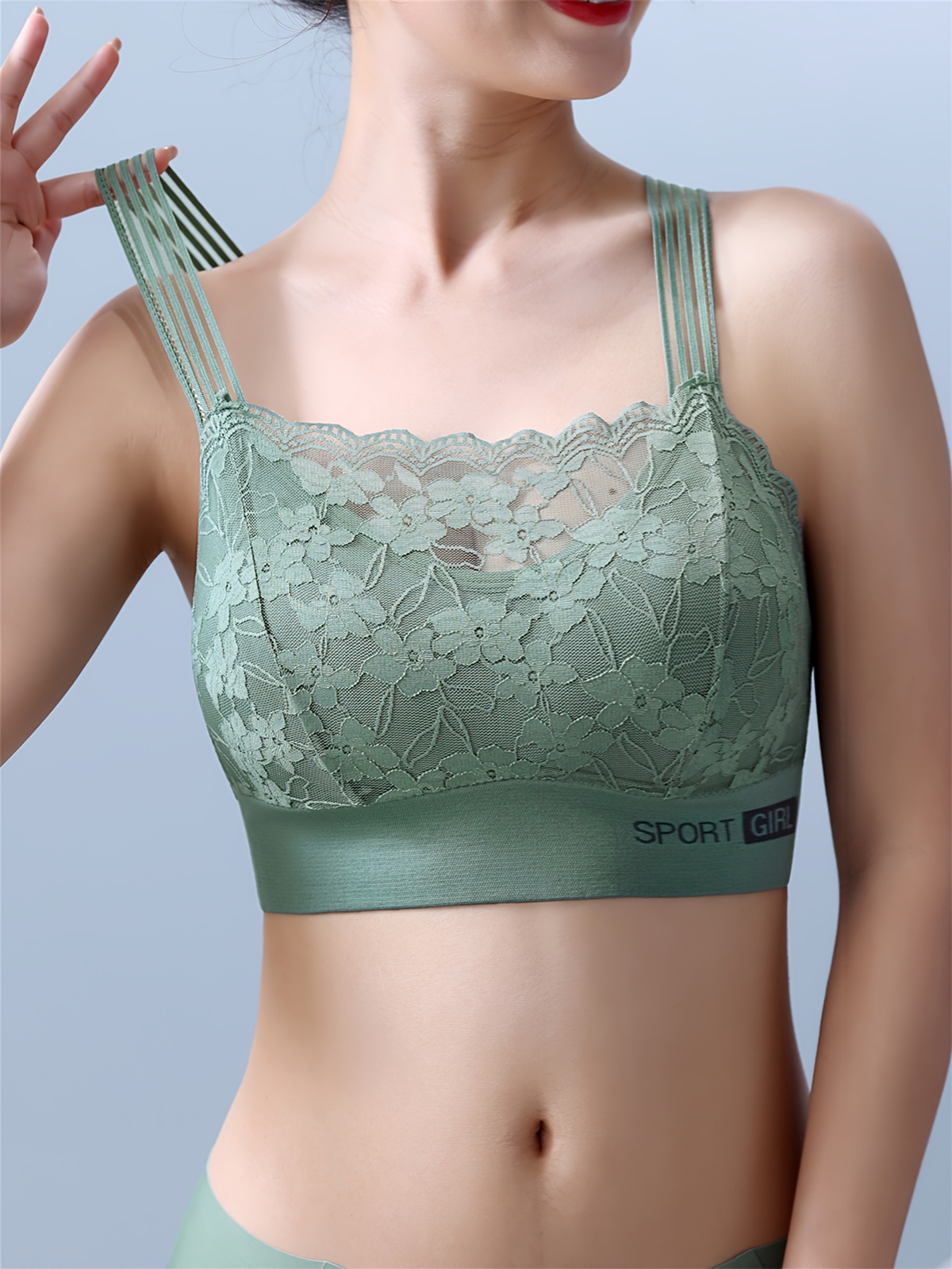 Women's Low-Cut Sport Bra with Contrast Lace Trim - Medium Support Removable Pads, Breathable Yoga Running Gym Bra, V-Neck Pullover Design & Lettered Detail for Elegant Workout & Casual Wear, Nontransparent Material