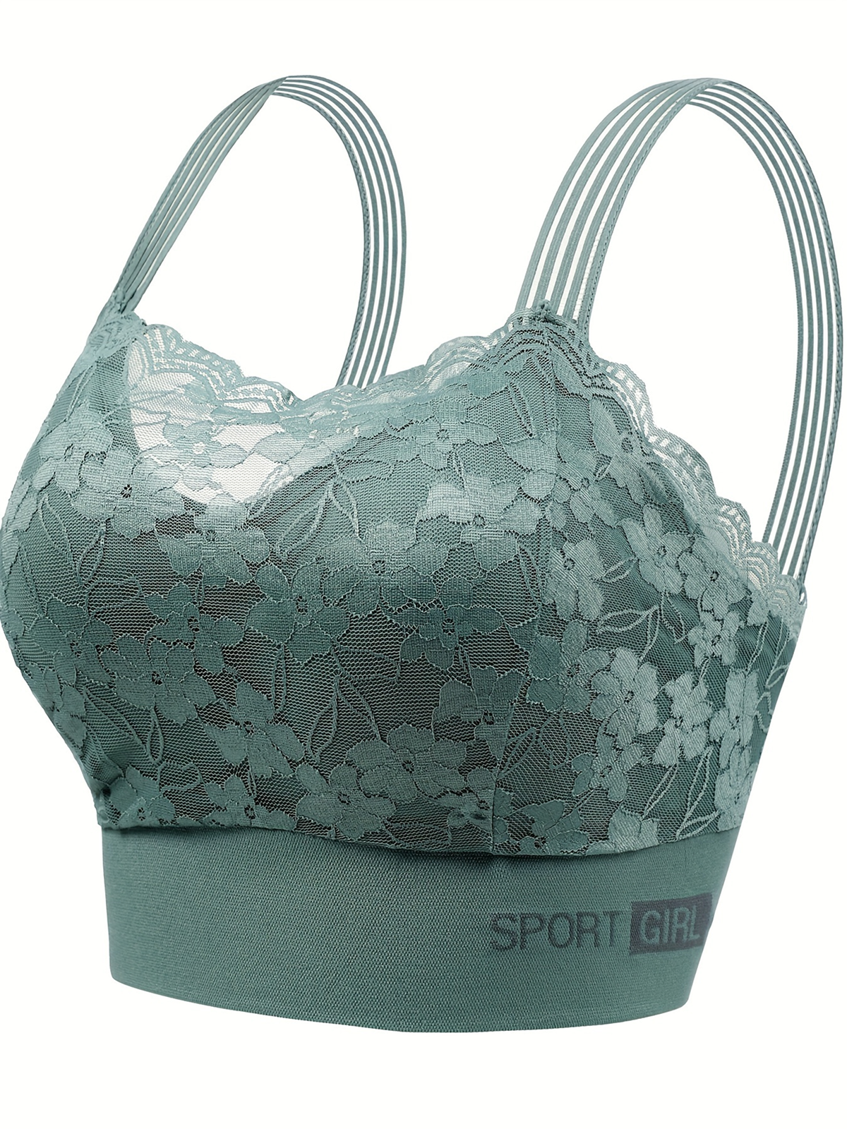 Women's Low-Cut Sport Bra with Contrast Lace Trim - Medium Support Removable Pads, Breathable Yoga Running Gym Bra, V-Neck Pullover Design & Lettered Detail for Elegant Workout & Casual Wear, Nontransparent Material