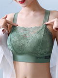 Women's Low-Cut Sport Bra with Contrast Lace Trim - Medium Support Removable Pads, Breathable Yoga Running Gym Bra, V-Neck Pullover Design & Lettered Detail for Elegant Workout & Casual Wear, Nontransparent Material