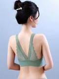 Women's Low-Cut Sport Bra with Contrast Lace Trim - Medium Support Removable Pads, Breathable Yoga Running Gym Bra, V-Neck Pullover Design & Lettered Detail for Elegant Workout & Casual Wear, Nontransparent Material
